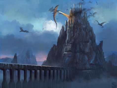 Dragons attack cliff-side castle Dragon Attacking Castle, Story Concept Art, Fantasy Book Ideas, Writing Concepts, Fantasy Imagination, Dragon Castle, The Atonement, Cliff Side, Image Prompts