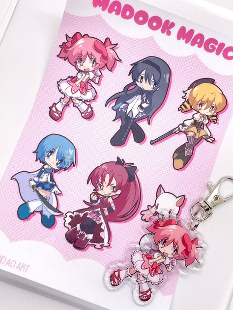 Madoka, Homura, Mami, Sayaka, Sakura, Kyubey Homemade Keychains: -2inch -Double-sided -Made with shrink dink plastic, coated with UV resin on one side.  -Alloy metal clasps -When purchasing a homemade product of ours, you acknowledge that each item is individually constructed and variations should be expected. Some of our items may come with small imperfections by nature of being homemade. We do try our best to make each item with care ! Madoka Keychain, Madoka Magica Merch, Homemade Keychains, Madoka Homura, Mermaid Tale, Art Tools Drawing, Puella Magi Madoka Magica, Madoka Magica, Birthday Wishlist