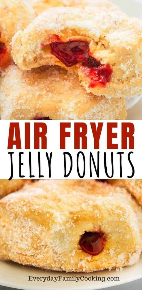 The best air fryer donuts from canned biscuits with jelly in the inside! Yep! There air fryer jelly donuts. This sufganiyot recipe is incredibly easy and quick to make and tastes just like a jelly donut. They’re coated in sugar for a delicious sweet treat. #airfryer #airfryerdesserts Easy Jelly Donut Recipe, Sufganiyot Recipe Air Fryer, Air Fryer Donuts Easy, Air Fryer Jelly Donut Recipes, Canned Biscuit Donut Recipes Air Fryer, Airfryer Donuts Biscuits, Doughnuts From Canned Biscuits, Donuts From Biscuits Air Fryer, Biscuit Air Fryer Recipes