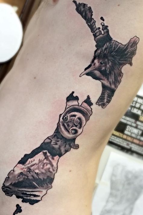 My map of NZ tattoo, done by Cal Adams Kiwiana Tattoo, Nz Map Tattoo, New Zealand Inspired Tattoo, New Zealand Map Tattoo, Nz Tattoo Ideas, Nz Tattoo, New Zealand Tattoo Ideas, New Zealand Tattoo, Sketch Style Tattoos