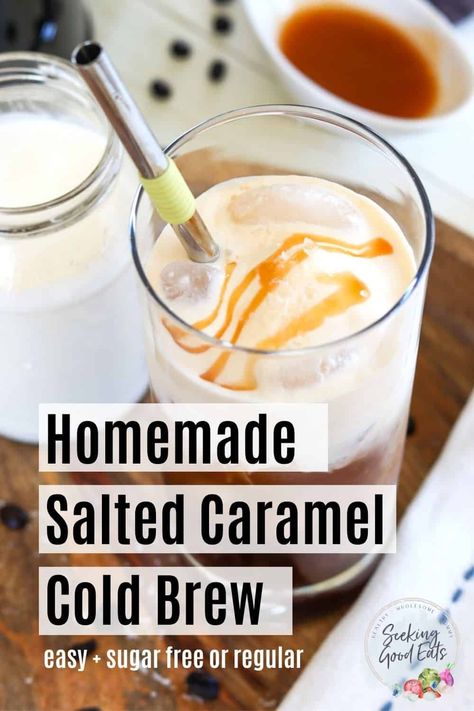 This Salted Caramel Cream Cold Brew recipe is a coffee treat! Sweetened to perfection with rich caramel syrup then topped with our homemade salted cream cold foam - only 5 minutes to make and at a fraction of the cost! This is our take on Starbuck's version - only there is no line to wait in and you can make it in your PJs! 😊 Salted Caramel Cream Cold Brew, Caramel Cream Cold Brew, Salted Caramel Cold Brew, Caramel Cold Brew, Javy Coffee, Cream Cold Brew, Nespresso Recipes, Cold Brew Coffee Recipe, Cold Brew Recipe