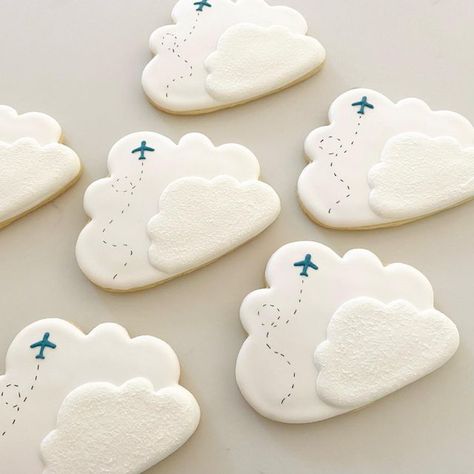 Airplane Party Food Ideas, Time Flies Cookies Airplane Party, Airplane Birthday Cookies, Cloud Royal Icing Cookies, Flight Birthday Party Theme, Airplane Baby Shower Cookies, Cloud Decorated Cookies, Airplane Sugar Cookies, Cloud Cookies Decorated