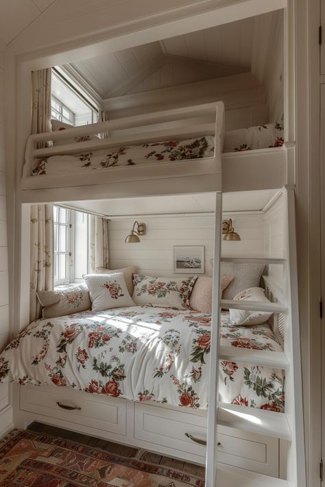 40 Bunk Room Ideas: Designs for Fun, Space-Saving Solutions Cottagecore Bedroom Bunk Bed, Aesthetic Room Ideas With Bunk Bed, Bunkbed Bedroom Ideas, Girls Bunk Room, Fun Bunk Beds, Bunk Bed Aesthetic, Cool Bedrooms, Bunk Room Ideas, Bunk Bed Rooms