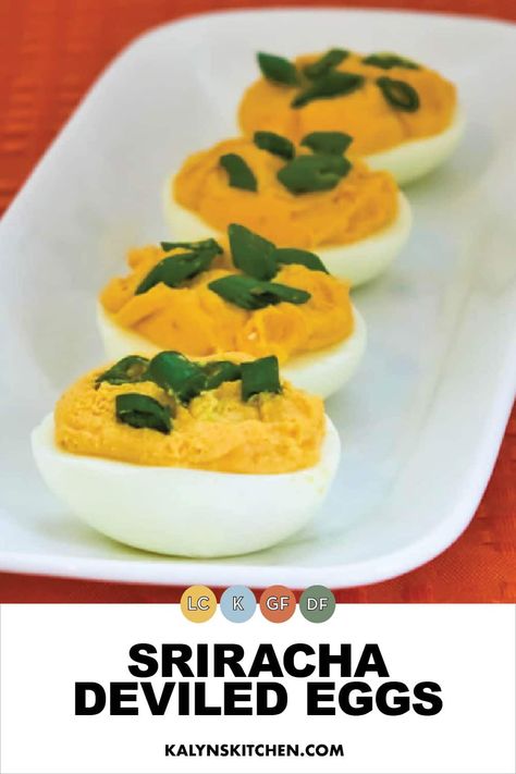 If you like Sriracha Rooster Sauce, you'll love these spicy Sriracha Deviled Eggs, and they're perfect for a low-carb appetizer any time of year! And you can adjust the amount of Sriracha Sauce to make the deviled eggs more or less spicy, whichever you prefer. [found on kalynskitchen.com] #SpicyDeviledEggs #Sriracha #SrirachaDeviledEggs #DeviledEggRecipe Deviled Eggs With Horseradish Recipe, Sweet And Spicy Deviled Eggs, Deviled Egg Siracha, Hot Chili Deviled Eggs, Deviled Eggs With Salmon Roe, Sriracha Deviled Eggs, Spicy Deviled Eggs, South Beach Diet, Low Carb Appetizers