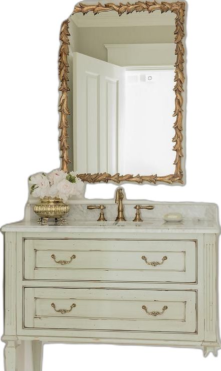 Light Gray French Washstand with Gold Leaves Mirror Gray Powder Room, Room With Gold Accents, Grey Powder Room, Gold Pulls, Gold Sconces, Antique Brass Faucet, French Bathroom, Light Grey Walls, Gray Wall