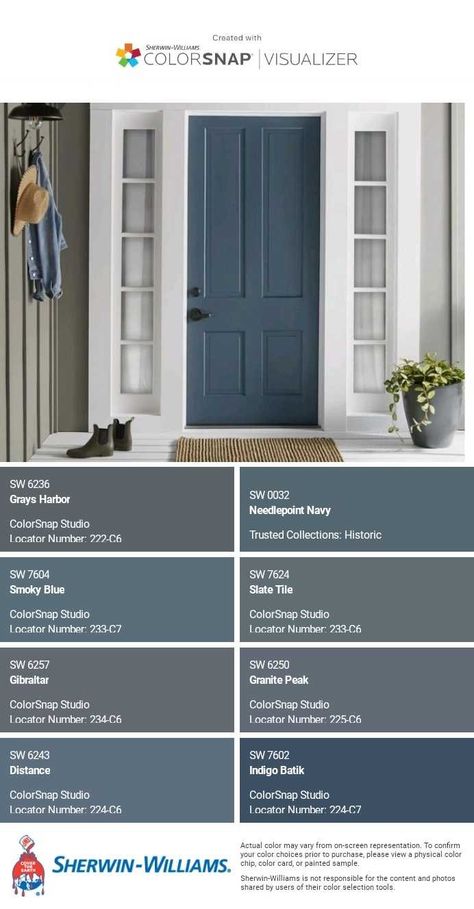 House Door Paint Colors, Grey Blue Door Exterior, Gray House Navy Door, Sw Blue Exterior Paint Colors, Slate Blue Door Color, Front Door Colors Gray Siding, Exterior House Colors With Blue Door, Slate Blue Front Door Colors, Front Door Colors With Light Blue Siding