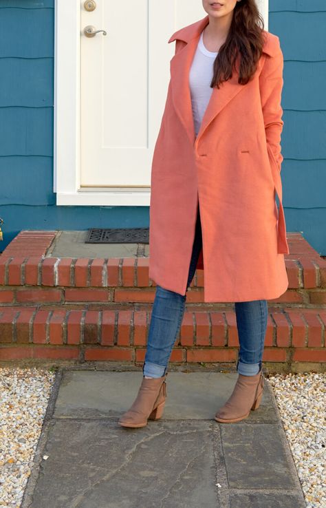 She's So Bright - A Coral Coat By the Sea Shore Coral Trench Coat Outfits, Coral Coat Outfit, Salmon Jacket Outfit, Coral Sweater Outfit, Fall Jackets Outfit, Coral Outfit, Coral Jacket, Pantone 2024, Town Outfits