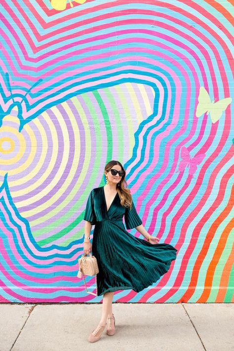 Multicolor Butterfly Mural Chicago Art Mural Ideas, Mural Ideas Creative, Emerald Green Outfit, Chicago Murals, Chicago Street Art, Street Art Mural, Graffiti Images, Fit And Flare Midi Dress, Lake Style