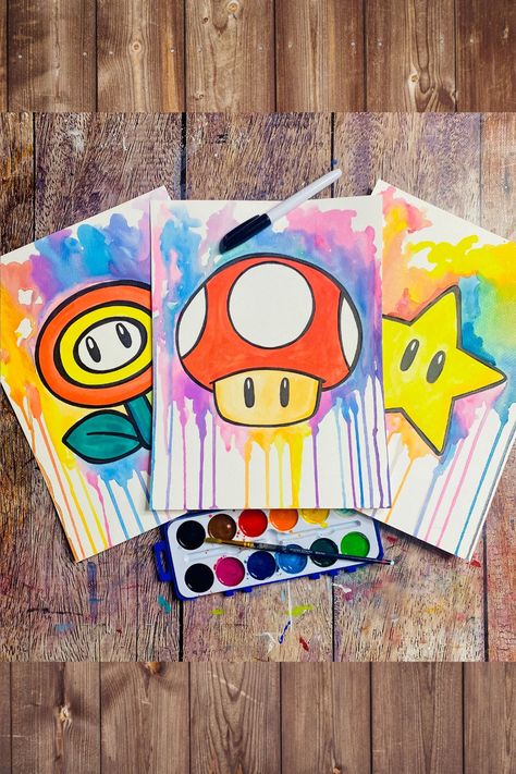 Learn how to paint these fun Mario Power Ups! Mario Art Painting, Nintendo Painting Ideas, Video Game Art Projects, Easy Mario Painting, Gaming Painting Ideas, Super Mario Painting Ideas, Mario Painting Ideas, Mario Bros Painting, Mario Painting Canvases