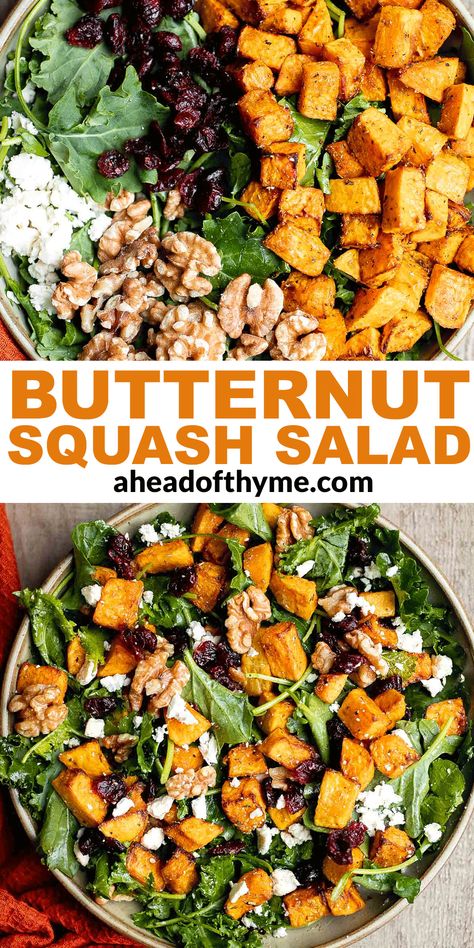 Fall Salad Recipes Butternut Squash, Butternut Squash With Spinach And Cranberries, Fall Salad Acorn Squash, Winter Salad Recipes Butternut Squash, Fall Clean Recipes, Roasted Veggie Fall Salad, Fresh Fall Dinner Recipes, Butternut Feta Salad, Fall Lunch Salad