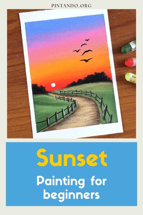 Sunset: Painting for beginners - Pintando.org Evening Sky Painting, Sunset Painting For Beginners, Painting For Beginners Tutorial, Sunset On Canvas, Sky Drawing, Oil Pastel Drawings Easy, Start Painting, Mixed Media Art Canvas, Oil Pastel Paintings