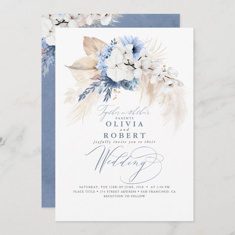 Our boho bridal wedding invitation is perfect for the bride who enjoys a wild and free spirit. Look at these exotic watercolor flowers, pampas grass, swirly hand-lettered style calligraphy, and pretty shades of steel dusty blue...it is a perfect invite for your unforgettable event. Dusty Blue Wedding Invitation, Blue Table Settings, Blue Wedding Invitation, Classy Wedding Invitations, Dusty Blue Wedding, Green Wedding Colors, Blue Themed Wedding, Wedding Anniversary Invitations, Dusty Blue Weddings