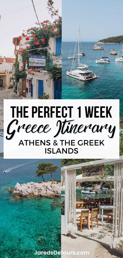 If you're heading to Greece and want to check out some hidden Greek Islands, this is the Greece travel itinerary for you! Our Greece itinerary covers Athens and some lesser-known yet beautiful islands like Skiathos, Skopelos, Loutraki, and Glossa. Click through now to plan your Greece travel, one of the best Europe destinations. One Week Greece Itinerary, One Week In Greece, Greece Travel Itinerary, Greek Islands Vacation, Greece Itinerary, Greek Vacation, Greece Trip, Greek Travel, Places In Greece