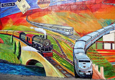 Mountain Murals, Train Landscape Painting, Train Mural, Train Murals Wall Art, Train Decals Wall Stickers, Train Car Graffiti, Train Wall Art, Daycare Room, Mountain Mural