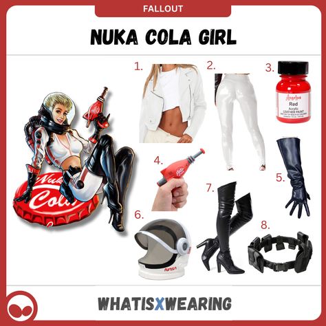 Could this be one of our best Halloween costume ideas for women yet? Dress like the Nuka Cola Girl mascot from Fallout with this unique costume idea! Nuka Cola Girl Cosplay, Fallout Costume Ideas, Diy Fallout Costume, Fallout Halloween Costume, Fallout Nuka Cola Girl, Nuka Cola Girl, Fallout Costume, White Leather Pants, Fallout Cosplay