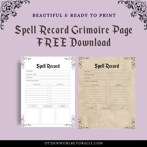 A FREE downloadable PDF with a spell record template grimoire page. This makes it super easy to record your spells including their intention, instructions, tools, results, etc. In North American letter size, option for both white and vintage background. Free Printable Grimoire Pages, Coven Spells, Spell Template, Printable Grimoire Pages, Record Template, Personal Philosophy, Witch Names, Grimoire Pages, Pagan Spirituality