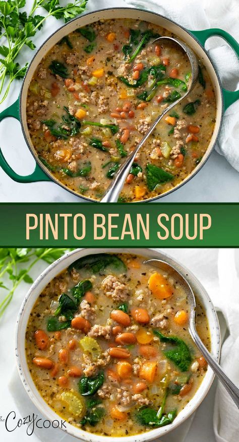 pinto bean soup in a pot with mixed vegetables Fresh Pinto Beans Recipes, Pinto Bean Soup Crockpot, Dry Pinto Beans Recipe, Leftover Pinto Bean Recipes, Dried Pinto Bean Recipes, Bean Soup Recipes Healthy, Healthy Bean Soup, Spicy Bean Soup, Bean Sprout Soup