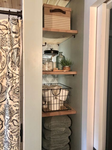 Bathroom Shelves Closet, Built In Shelves Bathroom Decor, Small Open Bathroom Closet Ideas, Deep Shelves Bathroom, Bathroom Closets And Shelving, Open Shelving Bathroom Closet, Open Linen Closet In Bathroom Shelves, Open Shelf In Bathroom, Shelving In Bathroom Ideas