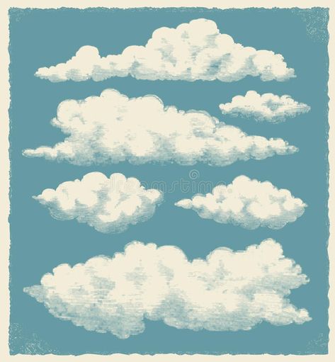 Vintage cloud set - vector illustration stock illustration Cartoon Sky Aesthetic, Vintage Clouds Illustration, Sun Cloud Illustration, Retro Cloud Illustration, Vintage Cloud Illustration, Cloud Illustration Drawing, Illustrated Clouds, Sky Illustration Cloud, Cloud Illustration Design