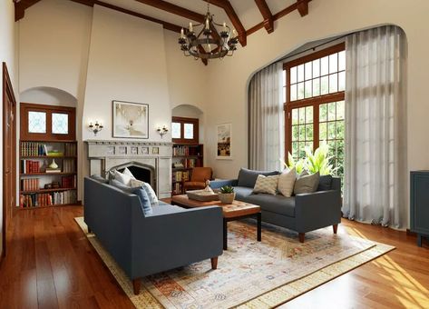 Before & After: Tudor House Interior Makeover - Decorilla Tudor Revival House Interior, English Tudor Homes Interior Kitchen, Tudor House Modern Interior Design, Tutor Interior Design, Tudor Living Room Design, Tudor Interiors Modern, Tudor Revival Interior Design, Tudor Window Treatments, English Tudor Style Homes Interior