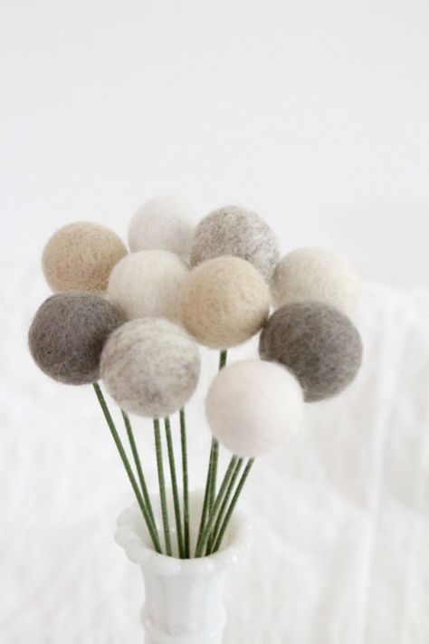 Farmhouse Felt Pom Pom Flowers- Billy Ball Flowers- Ivory Cream Gray- Bridesmaid bouquet- Flower bouquet- neutral wool pom poms- gray ivory Felt Ball Crafts, Pom Pom Flowers, Billy Balls, Pom Pom Crafts, Party Table Decorations, Felting Tutorials, Floral Wire, Felt Ball, Diy Crafts For Kids