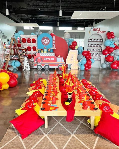 Firetruck Birthday Party Ideas | Photo 2 of 13 Fire House Birthday Party, Fourth Birthday Shirt, Fire Engine Party, Bday Party Kids, Fireman Party, Firetruck Birthday Party, Fireman Birthday, Fire Truck Party, Firefighter Birthday