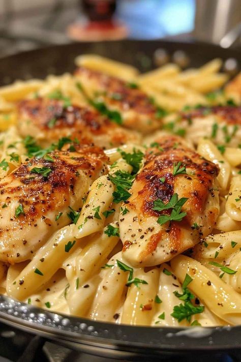 Creamy Parmesan Chicken with Penne Parmesan Noodles And Chicken, Chicken Broccoli Pasta With Bacon, Chicken Parmesan Recipe With Alfredo, Chicken And Peas Pasta, Creamy Parmesan Chicken With Penne, Creamy Chicken Recipes With Rice, Creamy Chicken Penne Pasta, Girl Dinner Recipes, Chicken And Pasta Recipes Easy Healthy