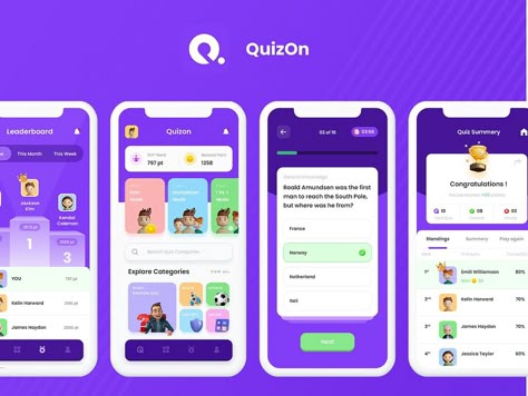 Quiz App UI | Quizon by OpusLab Works on Dribbble Quiz App Ui, Game App Ui, Gamification Education, Gamification Ui, Webpage Design Layout, Quiz Design, Meditation App, App Inspiration, Canva Elements Keyword