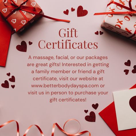 Gift that special someone a relaxing massage or facial this Valentines Day! Purchase a gift certificate by giving us a call at 954-909-9065 or by visiting us in person! #gift #valentinesday #spa Medspa Valentines Day, Valentine Facial Special, Esthetician Valentines Day Specials, Valentine’s Day Esthetician, Valentine’s Day Spa Specials, Spa Specials, Massage Business, Body Spa, Med Spa