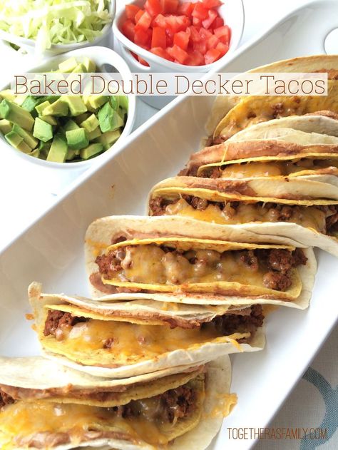 Baked Double Decker Tacos- www.togetherasfamily.com Double Decker Tacos, Baked Orange Chicken, Slow Cooker Chicken Tacos, Homemade Taco Seasoning, Lime Chicken, Beef And Noodles, Quesadillas, Mexican Dishes, Slow Cooker Chicken