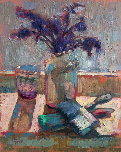 Still life with a vase, purple flowers, painting brushes and a glass in the sunlight Still Life Artists, White Vase, Mark Rothko, Colour Field, T Art, Still Life Art, Strong Colors, Still Life Painting, Original Oil Painting