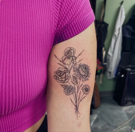 Iris And Rose Tattoo, Chrysanthemum Bouquet Tattoo, Birth Flower Bouquet Tattoo, Iris Flower Tattoo, Chrysanthemum Bouquet, Iris Bouquet, Mini Tats, Flower Bouquet Tattoo, Birth Flower Bouquet