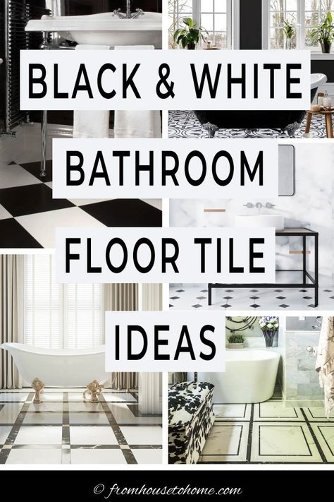 White And Black Floor Tile Bathroom, Black White Bathroom Floor, Black And White Tile Bathroom Vintage, White Bathroom Floor Tile Ideas, White Bathroom Floor Tile, Vintage Black And White Bathroom, Black And White Floors, White Bathroom Floor, Black And White Bathroom Floor