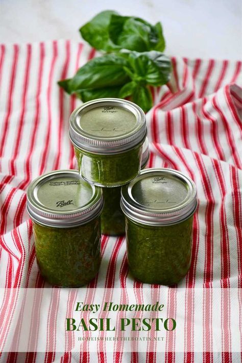 Savor the flavor of summer and enjoy your harvest of basil in your winter recipes with an easy recipe for Homemade Basil Pesto. Freezer-friendly and so much better than store bought! ©homeiswheretheboatis.net Canned Pesto Recipe, Canning Pesto, Homemade Basil Pesto, Gluten Free Pesto, Basil Pesto Recipes, Basil Recipes, Tomato Pie, How To Make Pesto, Homemade Pesto