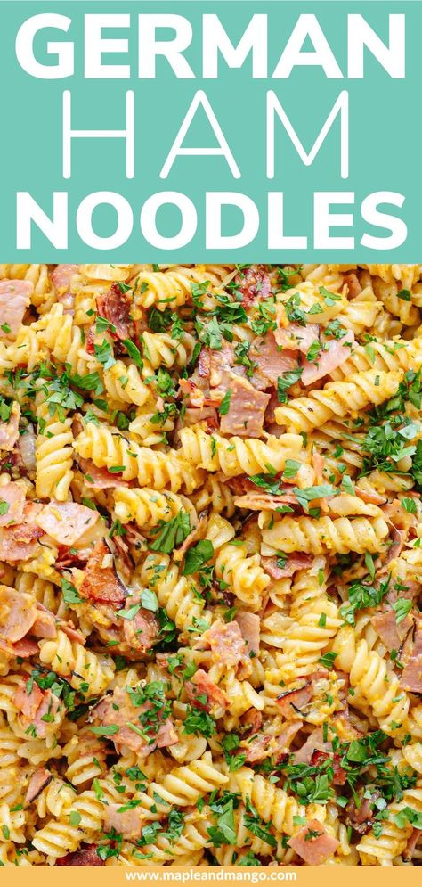 Schinkennudeln (aka German Ham and Egg Pasta) is a simple German pasta dish featuring pan-fried noodles with ham and scrambled eggs. A quick and easy dinner that the whole family will love - ready in under 30 minutes! Add this simple skillet meal to your easy weeknight dinner ideas! It's also the perfect ham leftover recipe (or to use up leftover cooked pasta!). | www.mapleandmango.com Leftover Ham And Pasta Recipes, German Lunch Ideas, Ham Pasta Recipes Dinners, Swabian Egg Noodles Recipes, Spam Pasta Recipes, Egg Noddles Dishes, Ham And Noodles Recipes, Ham And Pasta Recipes, Dinner Recipes With Ham