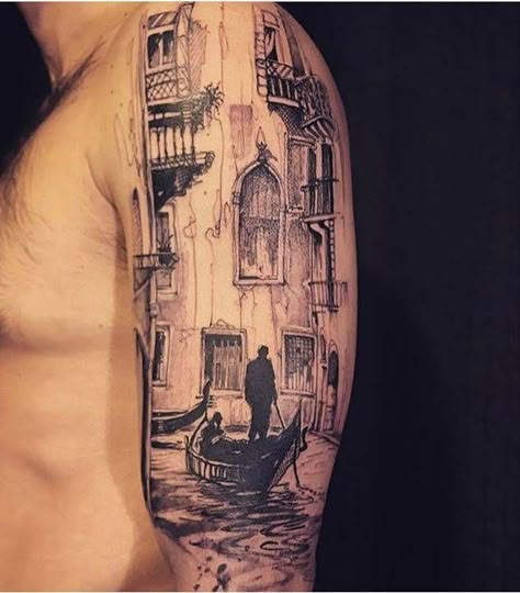 Sketch work style Venice inspired tattoo on the left upper arm. Tattoo Artist: L'oiseau · Franck Soler Venice Tattoo, Belly Button Tattoo, Italy Tattoo, Venice Boardwalk, Italian Tattoos, Scene Tattoo, City Tattoo, Landscape Tattoo, Detailed Tattoo