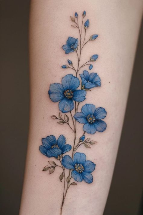 15 Flower Tattoo Ideas That'll Make Your Skin Bloom With Gorgeousness Small Blue Flower Tattoo, Blue Poppy Tattoo, Blue Flowers Tattoo, Forgetmenot Tattoo, Okay Tattoo, Cornflower Tattoo, Kid Tattoos, Forget Me Not Flower Tattoo, Blue Flower Tattoos