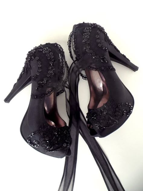 Wedding Shoes  Black Embroidered Lace Bridal by KUKLAfashiondesign $182.36 Black Bridesmaid Shoes, Wedding Shoes Black, Embellished Wedding Shoes, Black Satin Shoes, Black Wedding Shoes, Bridesmaids Heels, Lace Wedding Shoes, Custom Heels, Black Lace Wedding