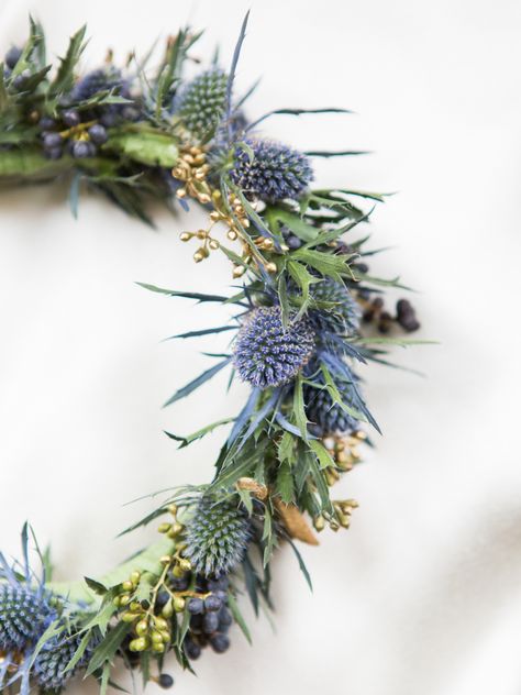 Winter Flower Crown Wedding, Thistle Flower Crown, Winter Flower Crown, Winter Church Wedding, Church Wedding Photography, Scottish Flowers, Thistle Wedding, Wedding Winter, Winter Wedding Flowers