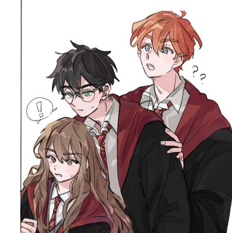 Harry Potter Trio Fanart, Harry Potter Trio Art, Harry Potter Anime Drawing, Cute Harry Potter Art, Harry Potter As Anime, The Golden Trio Fanart, Harry Potter Anime Fanart, Harry Potter Fanart Harry Fan Art, Pretty Harry Potter