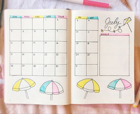 July Bullet Journal Calendar, July Calendar Ideas, Calendar Themes, July Calendar, Journal Idea, Month Of July, Custom Calendar, 2024 Calendar, Beach Umbrella