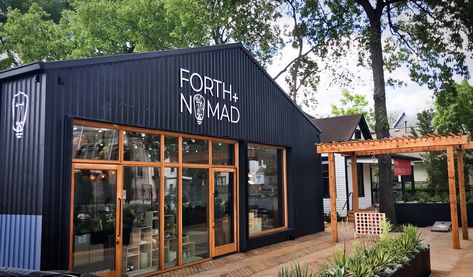 Check out the beautiful new storefront for Forth and Nomad down in The Heights in Houston, TX. They are a creative hub featuring handmade goods, art, products, and services from some of the most creative people in HTX. Pole Barn Store, Metal Building Restaurant, Barndominium Restaurant, Metal Building Event Space, Industrial Cafe Exterior, Industrial Restaurant Exterior, Metal Building Storefront Design, Commercial Steel Building Design, Scary Sea Creatures