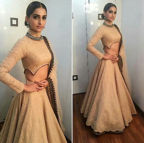 Sonam Kapoor in Shantanu Nikhil for "Prem Ratan Dhan Payo" Movie Promotions on Big Boss Show Prem Ratan Dhan Payo, Sonam Kapoor Fashion, Nude Colour, Lehnga Dress, Choli Designs, Indian Lehenga, Big Boss, Sonam Kapoor, Trendy Blouse Designs