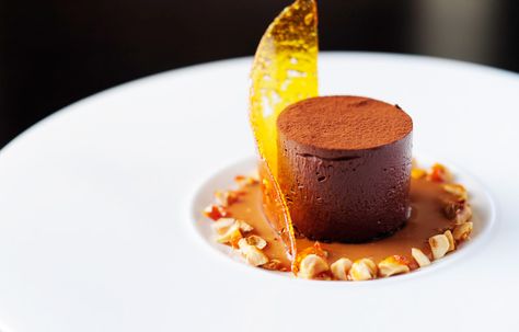 Chilled chocolate fondant with salted butter caramel sauce - Simon Hulstone Fondant Recipe, Great British Chefs, How To Roast Hazelnuts, Chocolate Fondant, Fancy Desserts, Chocolate Dessert, Plated Desserts, Caramel Sauce, Trifle