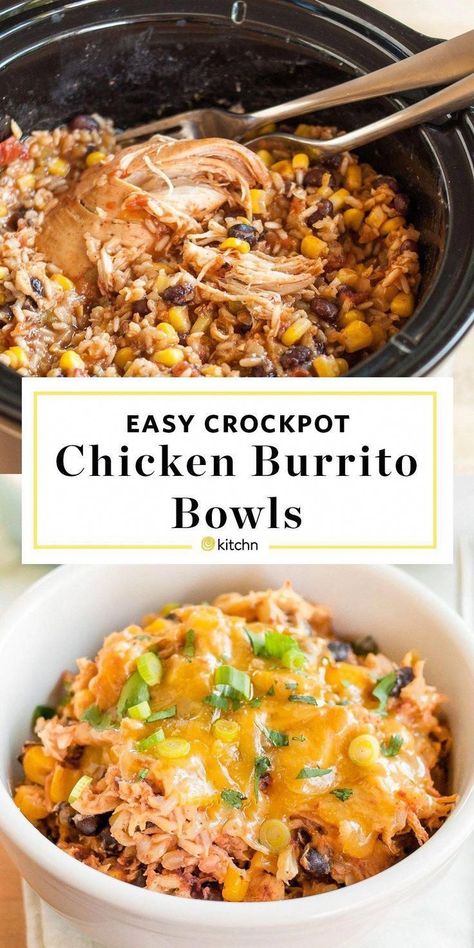 Crockpot Chicken Dinners, Chicken Burrito Bowls, Summer Crockpot Recipes, Burrito Bowls Recipe, Easy Crockpot Chicken, Chicken Burrito, Chicken Burrito Bowl, Crock Pot Recipes, Burrito Bowls