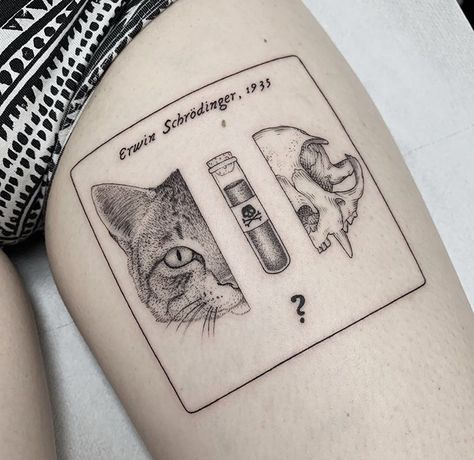 Schrodinger Cat Tattoo, Schrodingers Cat Tattoo, Physics Tattoos, Scientific Tattoo, Science Tattoo, Science Tattoos, Hp Tattoo, Schrödinger's Cat, Surreal Tattoo