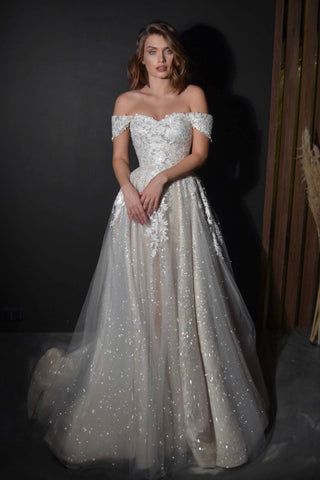 Floral Sparkly Wedding Dress, Off The Shoulder Sparkly Wedding Dress, Glam Wedding Dress Sparkle, Plus Size Wedding Dresses Sparkle, Sparkly Wedding Dress With Sleeves, Shimmery Wedding Dress, Glitter Tulle Wedding Dress, Wedding Dress Glitter, Glittery Wedding Dress