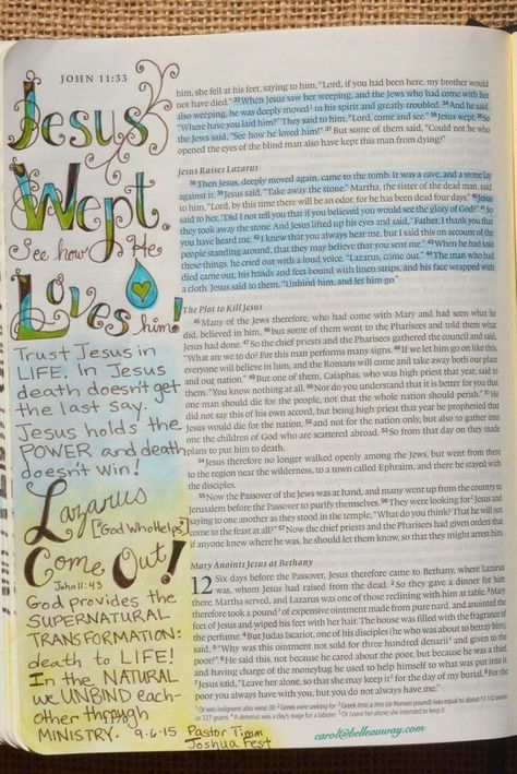 John 11:33-49 September 6, 2015 carol@belleauway.com, bible art journaling, journaling bible, illustrated faith John 11 Bible Journaling, John Bible, Scripture Verse Art, Study Books, Learn The Bible, Bible Study Books, Bible Illustrations, New Bible, Study Scripture