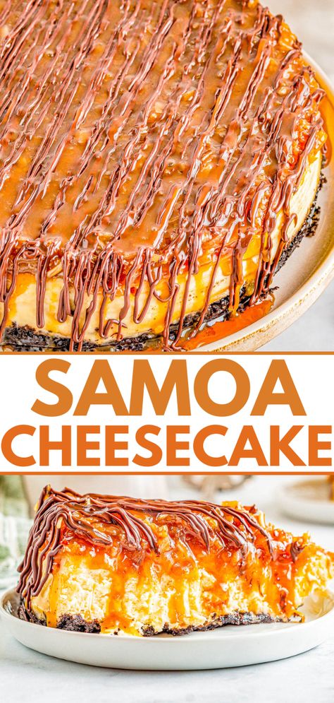 Samoas Cookies Recipe, Samoas Cookies, Samoa Cheesecake, Caramel Apple Cheesecake Bars, Samoa Cookies, Chocolate Ideas, Caramel Apple Cheesecake, Homemade Cheesecake, Oreo Crust