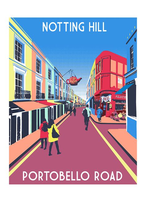 Limited edition screen print of Portobello Road, Notting Hill, handprinted in a modern railway poster style. (Featuring the shop in the Paddington films!) Available at www.redfacesprints.com  #nottinghillprint #portobelloprint #travelposterstyle #locationprint Paddington Film, Modern Art Style, Portobello Market, London Tourist, Notting Hill London, Modern Art Styles, London Poster, Portobello Road, Red Art Print